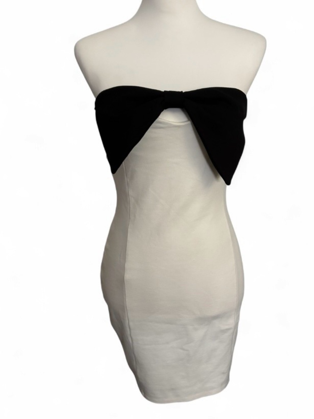 Fore Black and White Strapless Bodycon Bow Mini Dress Zipper Closure Sz S